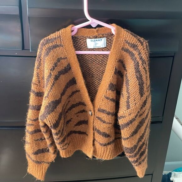 Cropped Tiger Pattern Textured Jacquard Button-Front Cardigan Sweater size 6-7 - Picture 2 of 3